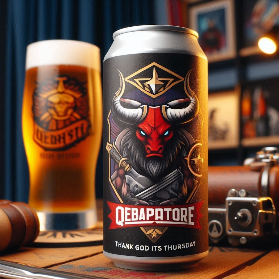 A beer can with the logo QEBAPTORE featuring a bull head and the slogan Thank God Its Thursday (3).jpg